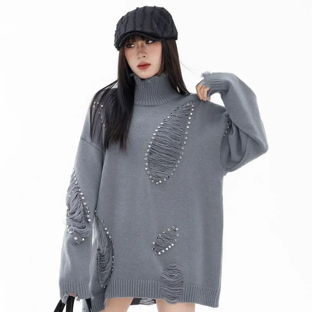 Frayed Neck Ripped Holes Turtleneck Knitwear Oversize Goth Sweaters for Women Gothic Punk Y2k Streetwear Winter Clothes Pullover