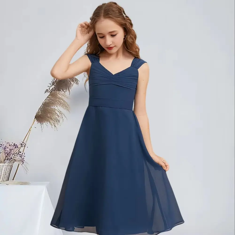 

WWA Child A-Line V-Neck Tea-Length Chiffon Junior Bridesmaid Dresses Navy Blue Delightful Flower Girl Dresses Party Wedding Kids