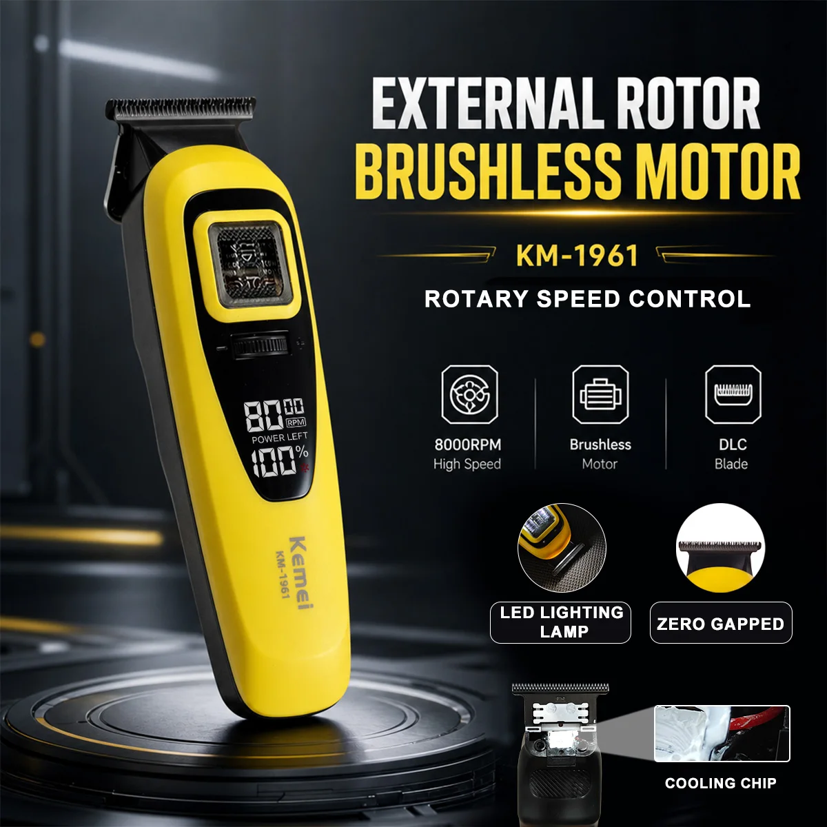 Kemei KM-1961 Hair Trimmer for Men DLC Ice-Blade 0 Gap 8000RPM External Rotor Brushless Motor LED Professional Finishing Machine