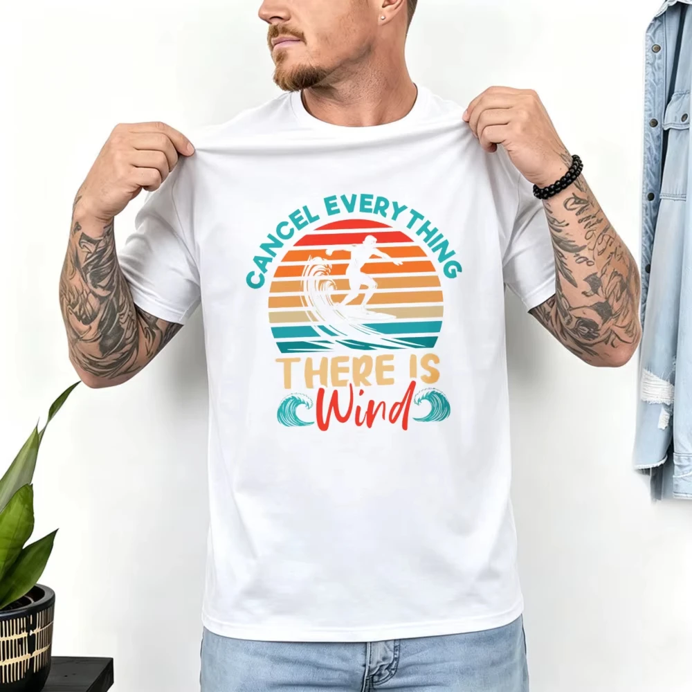 Cancel Everything There Is Wind Retro Stripe Surf Cotton Men Tshirt Tropical Kite Surf Graphic Tops Ocean Water Sport Street Tee