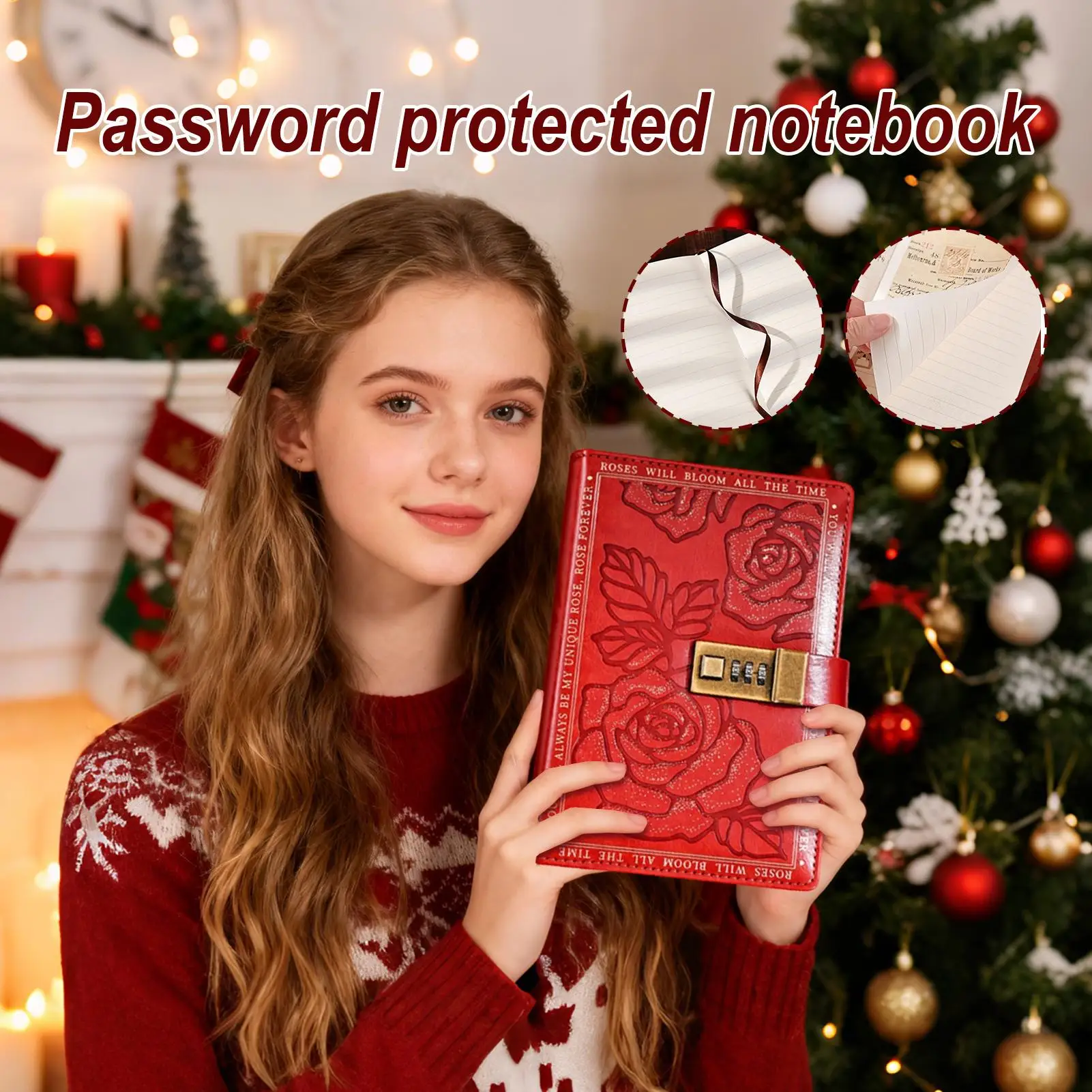 Diario con codice di blocco Copertina in pelle PU Diario con serratura Fiori e foglie Piante Etichetta Libro Blocco Diario di memoria Manuale