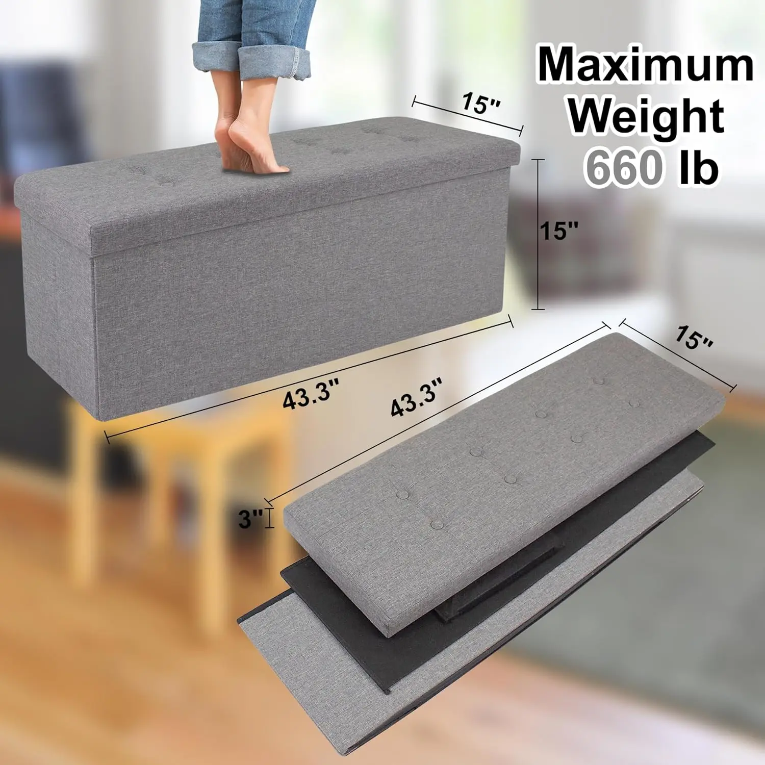 

43 Inches Folding Storage Ottoman Bench, Storage Chest, Footrest For Entryway, Living Room, Holds Up To 660 Lb, Light Grey