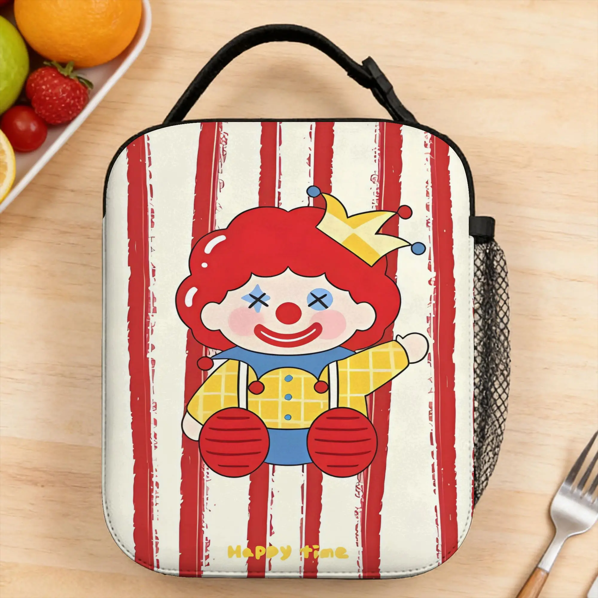 

Clown Character On Red White Stripes Lunch Bag Kawaii Lunch Box For Unisex Office Cooler Bag Oxford Thermal Tote Handbags