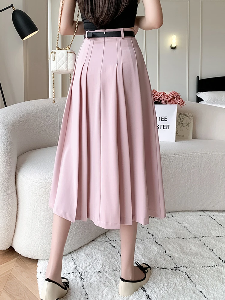 خمر عالية الخصر مطوي التنانير الطويلة للمرأة الربيع مكتب ارتداء ميدي ألف خط تنورة المرأة حزام رمادي وردي أسود Saia Plissada