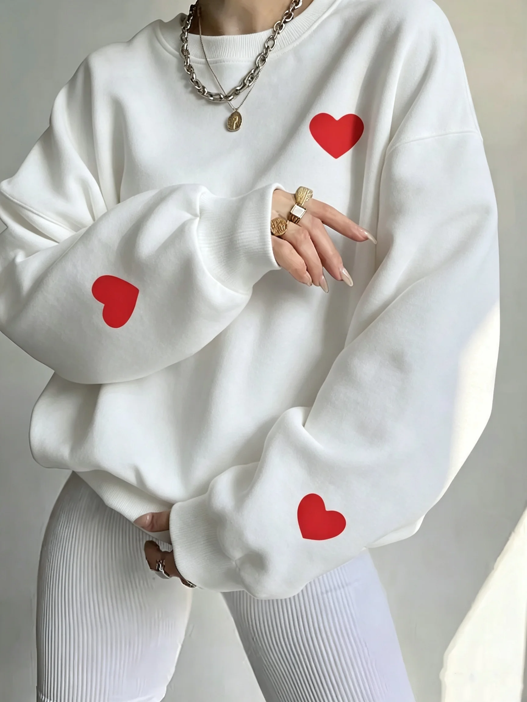 Kreativer Roter Herz-Print Damen-Sweatshirts Y2K Hip-Hop Sportbekleidung Rundhals-Fleece-Pullover Herbstkleidung – Detail 12