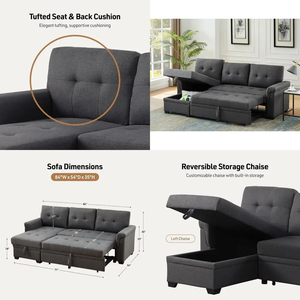 

84 L-Shaped Sectional Sleeper Sofa with Pull-Out Bed, Storage Chaise, Removable Cushions, Linen Fabric, Light Gray