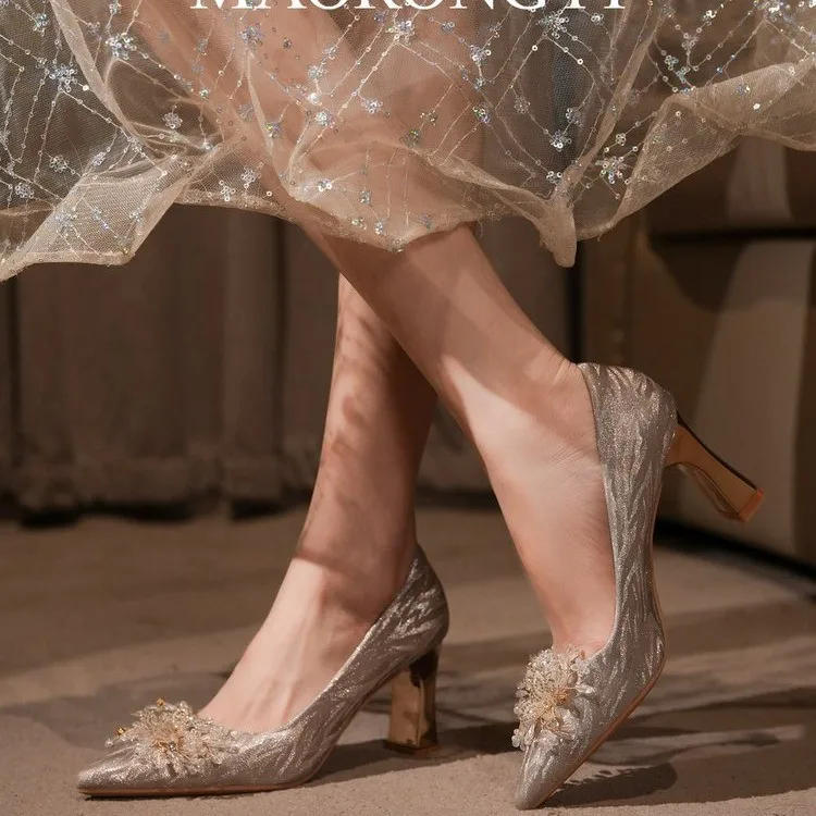 Rhinestone Pointed Stripe Glitter Quick-Marriage Shoes for Women, New Thick-Heeled Pumps, High-Heel Bridal Shoes