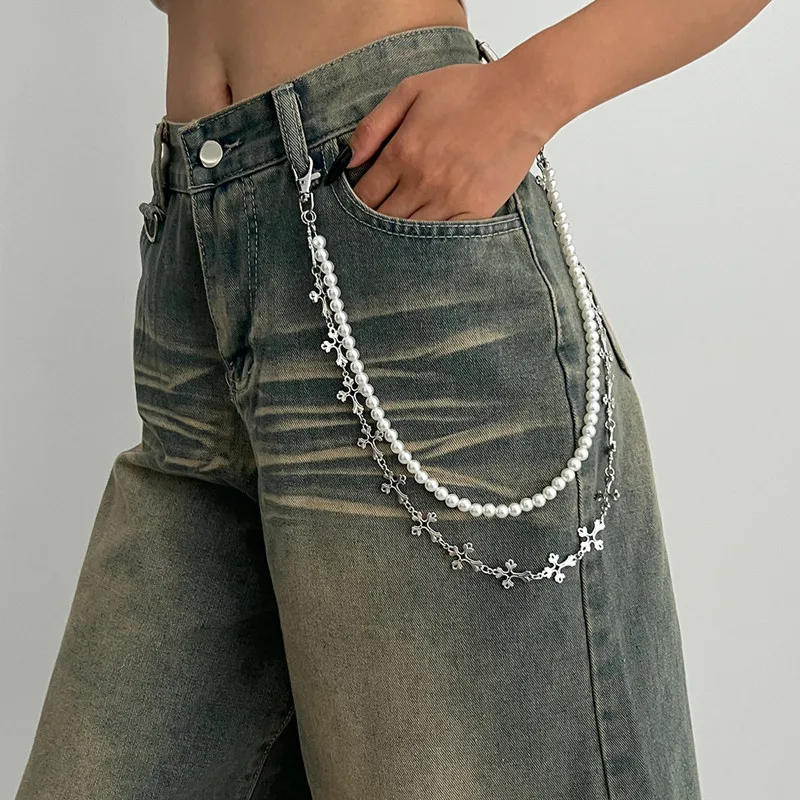 Requintado luxo imitação de pérola chaveiro carteira cinto corrente das mulheres dos homens punk calças hipster calça corrente hiphop jóias