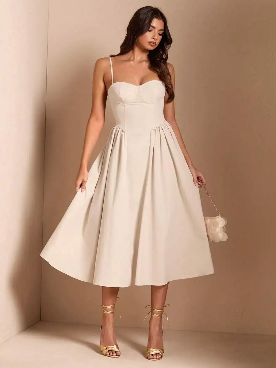 Elegant Cream Spaghetti Strap A-Line Midi Dress with Bustier Top image 6