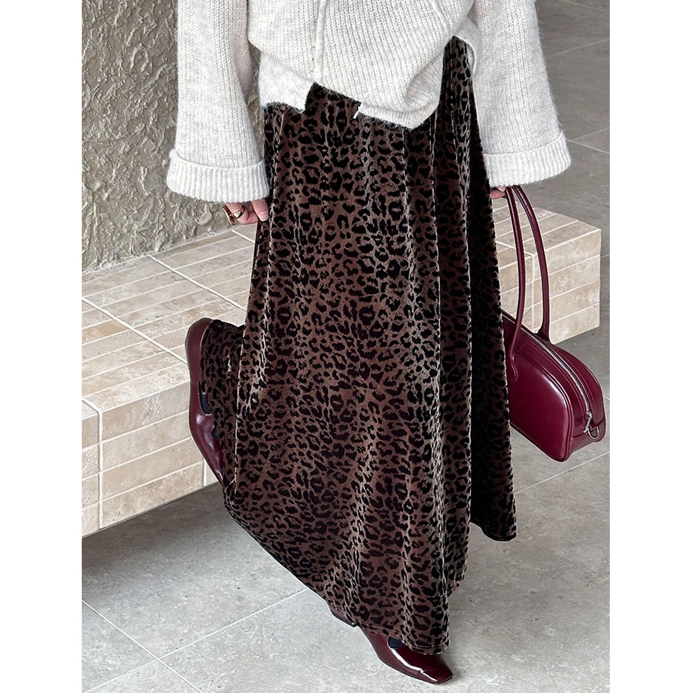 2024 Women\'s A-Line Leopard Long Skirt Stretch High Waist Elegant Autumn Maxi Skirt Femme Faldas Jupe Saia Vintage Brown Skirt