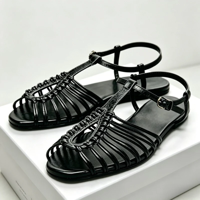 

Braided Gladiator Flat Sandals Women Gold Hollow Comfortable Casual Beach Shoes Non-slip Buckle Narrow Band Cage Sandal Women