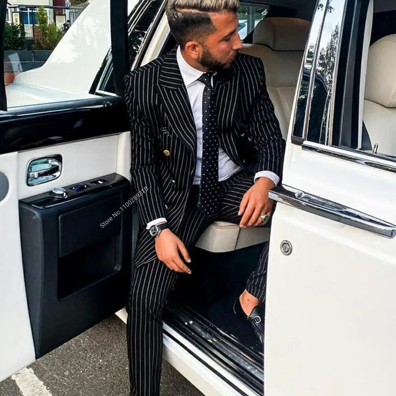 

2023 Black Pinstripe Double Breasted Business Formal Men Suit Slim Fit Casual Suits Wedding Groom Tuxedo 2 Pieces(Blazer +Pants)