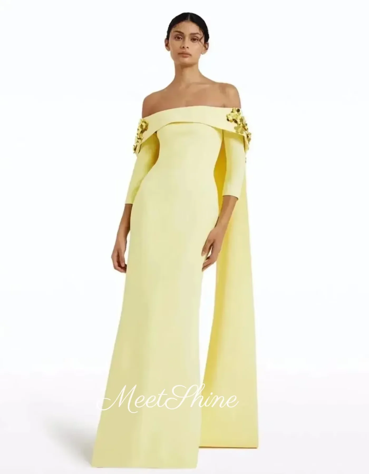 黄色のストラップレスウエディングドレスドバイマーメイドイブニングドレスオフショルダー 3D 花ケープスリーブのウェディングドレスカスタマイズ