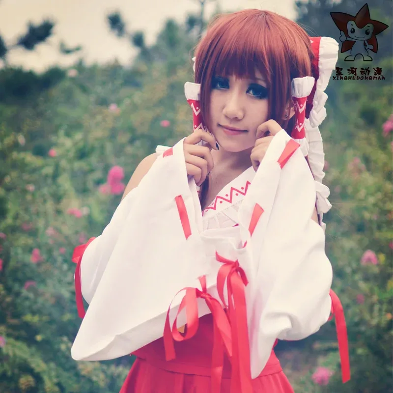 dd12Touhou Project Reimu Hakurei النساء الرجال هالوين مجموعة كاملة تأثيري حلي شعر مستعار أحذية الدعائم