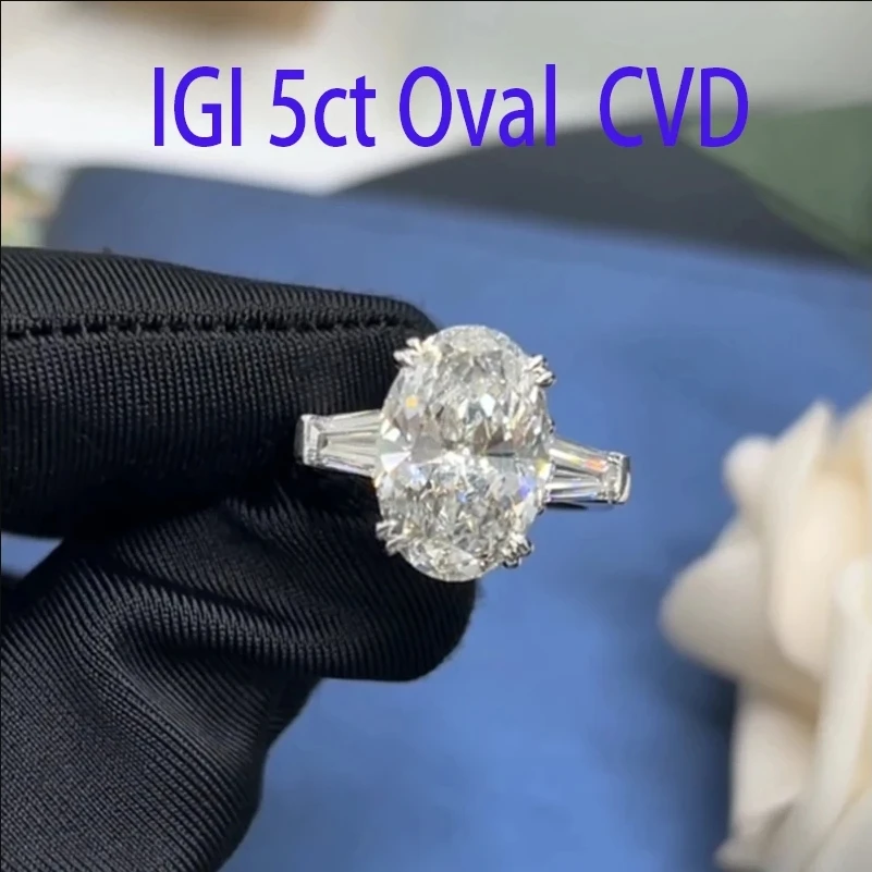 IGI 5CT Solitaire Lab-Grown Diamond Oval CVD HPHT Diamond Trilogy 14K White Gold Ring DEF VS