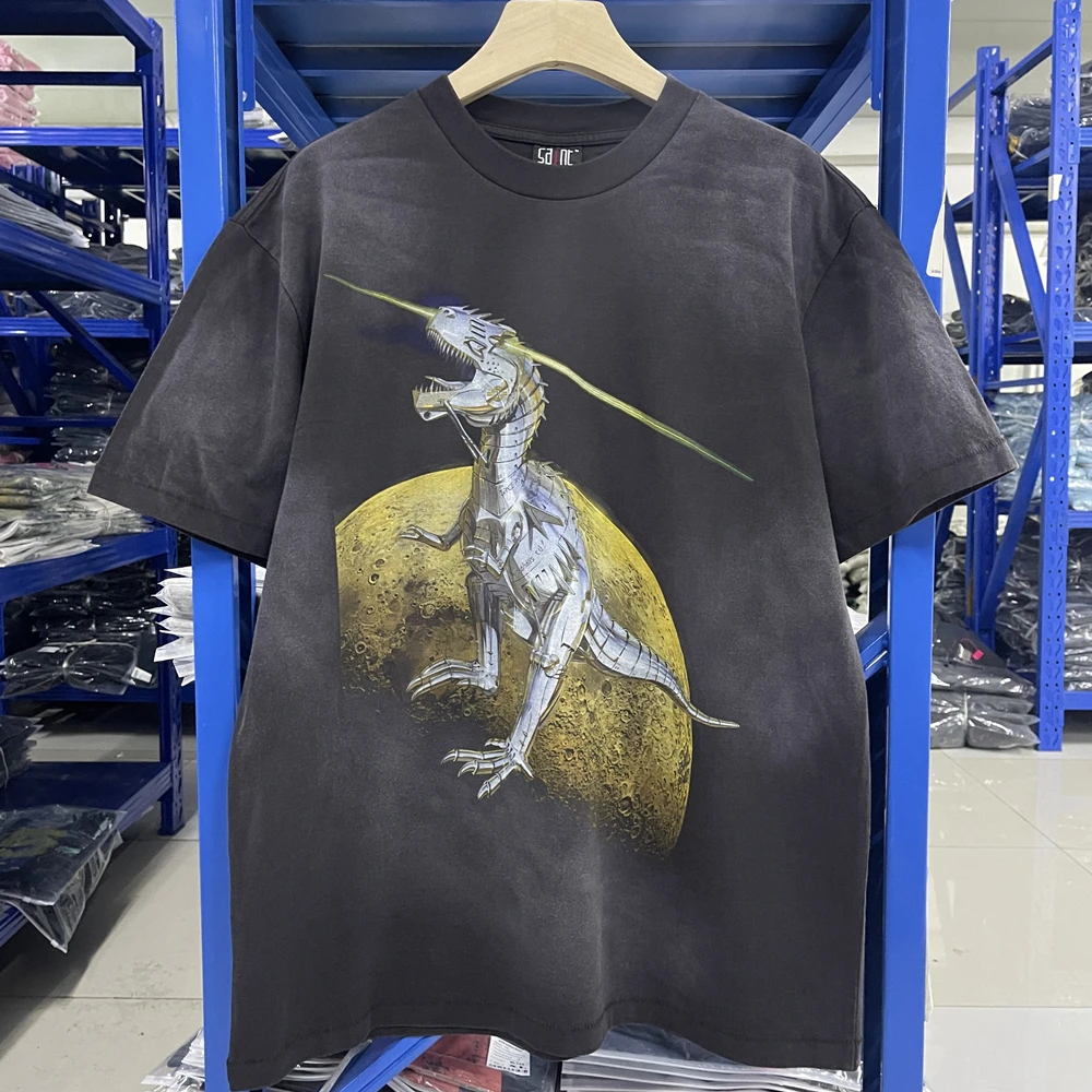 

Washed Saint T Shirt Men Women Best Quality T-shirt Cartoon Dinosaur Print Top Tees