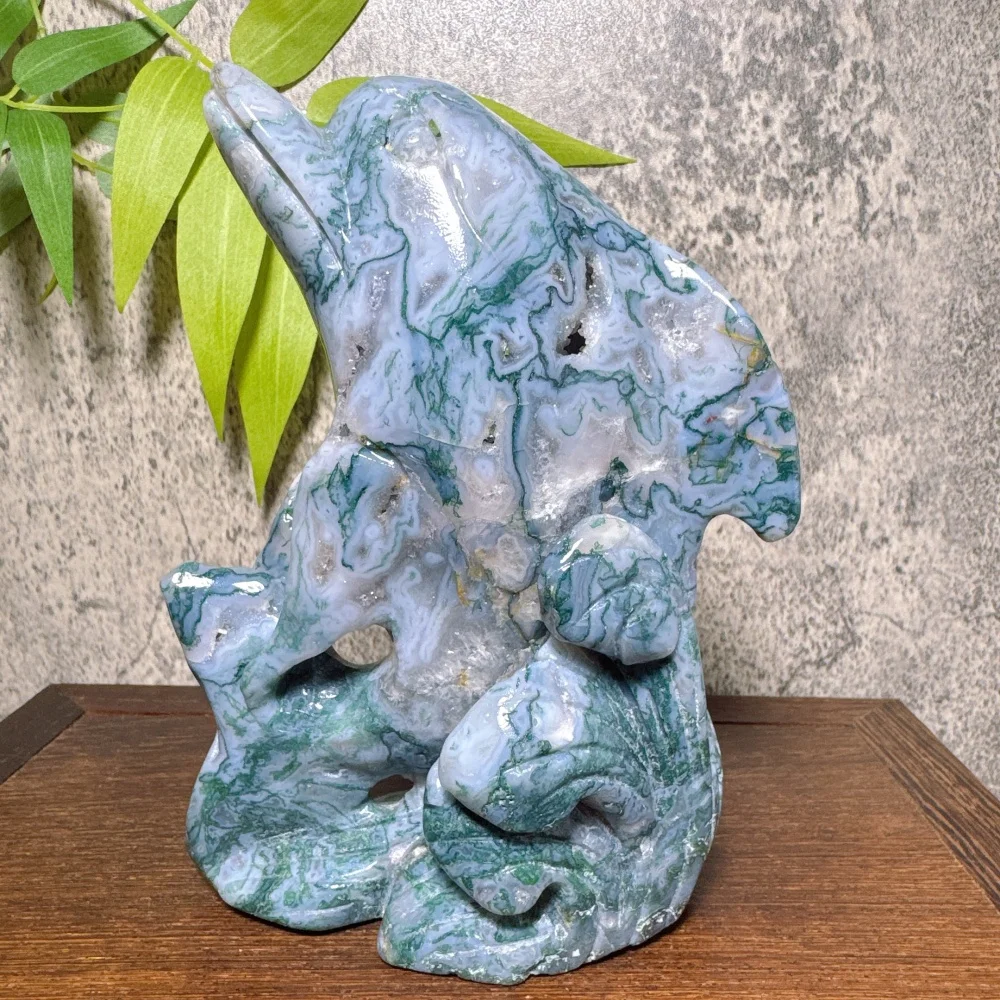 Natural Moss Agate Dolphin Carving Home Office Decorative Accessory Unique Beautiful Design Ideal Gift