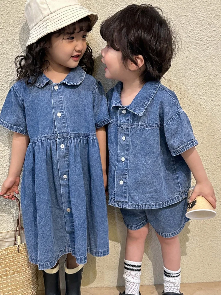 Children\'s Summer Denim Set Boys\' 2024 New Baby Short Sleeve Summer Dress Girls\' Dress Siblings\' 80-150cm Cute Korean Fashion