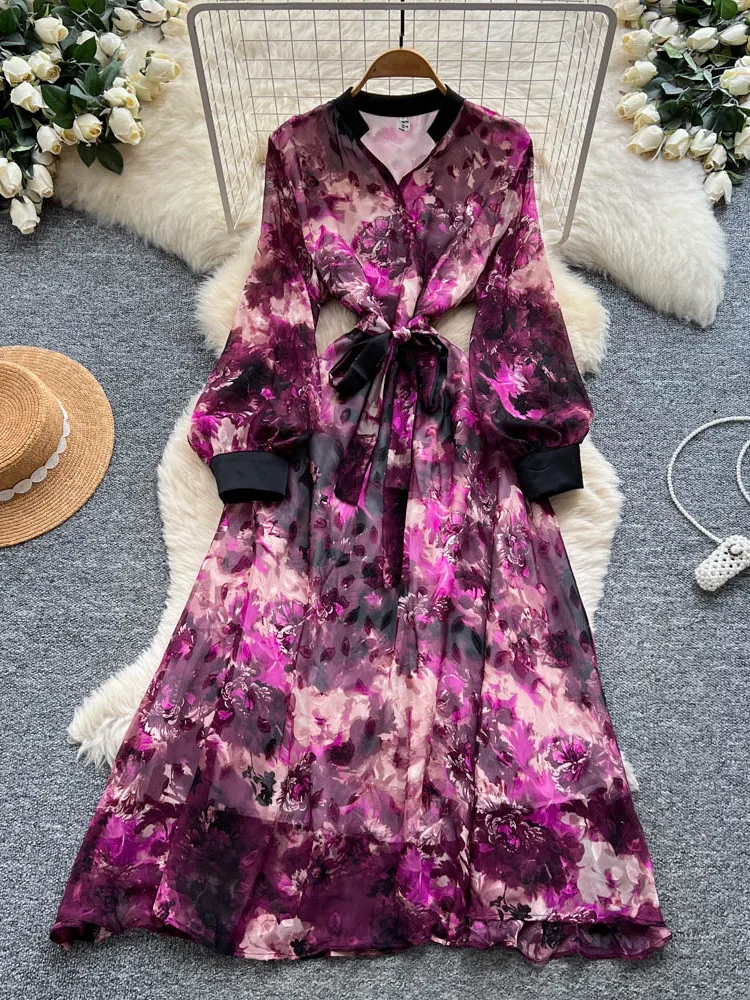 Ele Stampa floreale Maxi Dr Abito da donna a vita alta con finiture in pizzo Lungo Sve Abito a trapezio snellente Bla French Country Sle