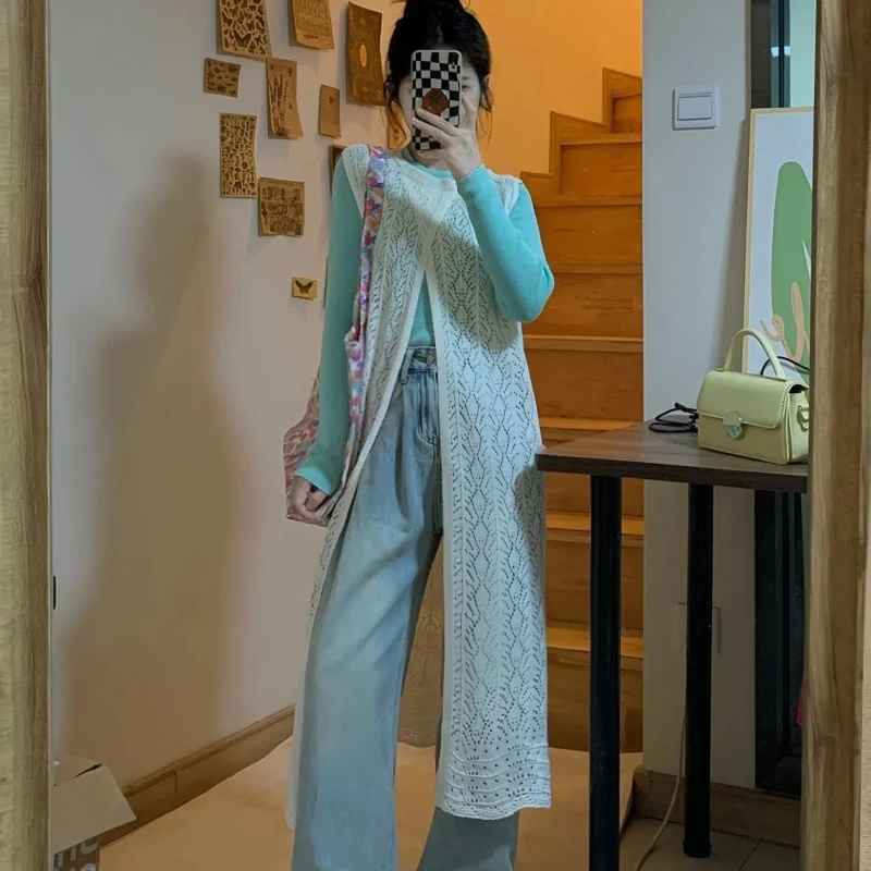 Saia de malha para mulheres, top em camadas, nicho do senso de design, fenda traseira, saia chique longa, verão