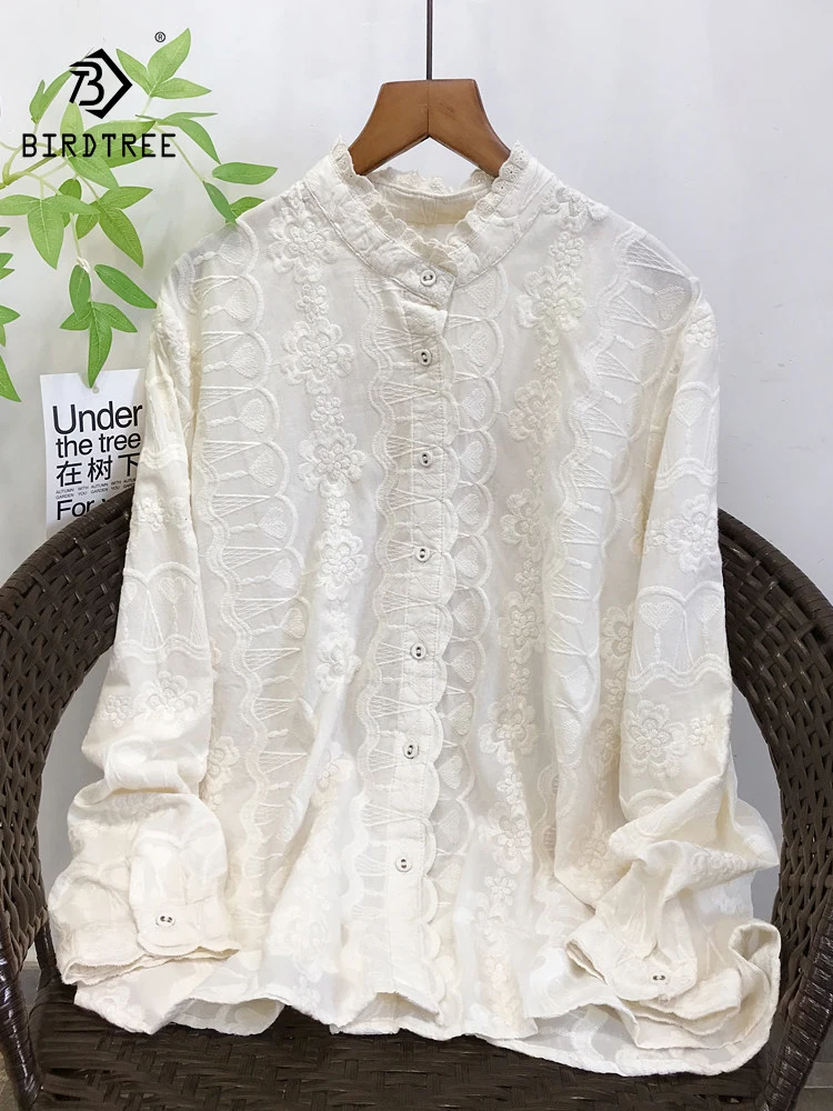 

New 2026 Summer Women Cotton Long Sleeve Shirt, Stand Lace Embroidery, Mori Girl Fashion Temperament INS Loose Blouse T65758CC