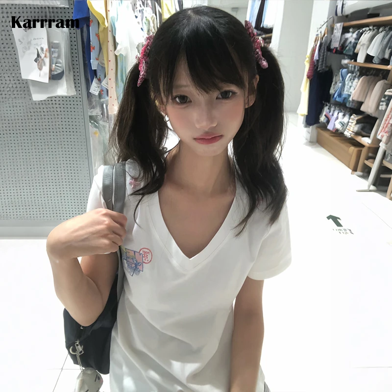 Karrram Japanese Y2k V-neck T-shirt 2000s Style Letter Embroidered Short Sleeve Top Vintage Harajuku White Tee Shirt American