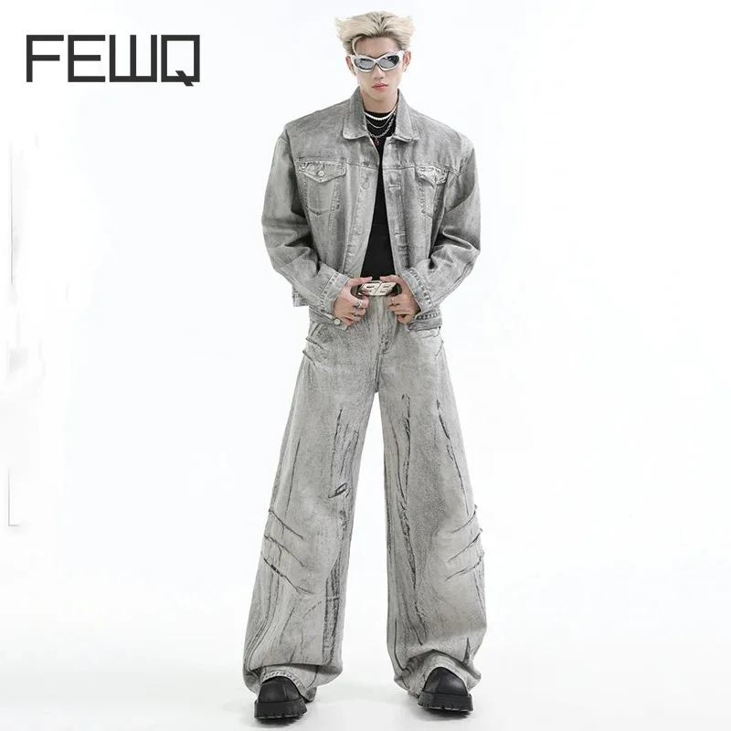 FEWQ Niche Vintage Denim Suit Jacket Zipper Workwear Jeans 2024 Streetwear Casual Male Sets Fashion 24E1934