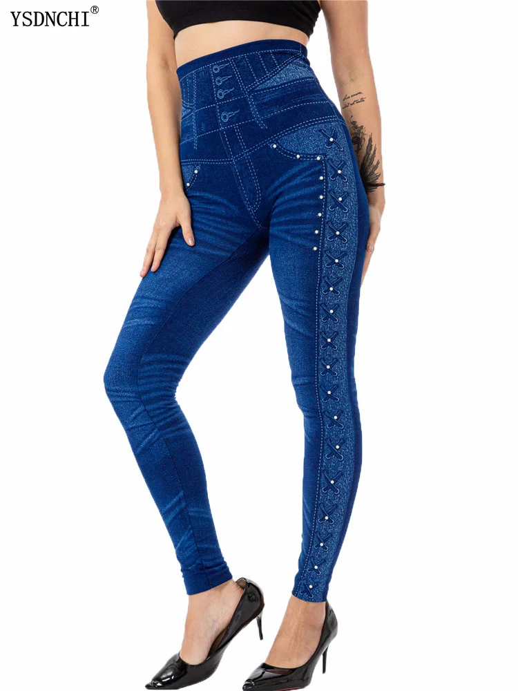 Ysdnchi lápis pant feminino falso denim leggings grânulo design correndo leggins magro cintura alta elástico sem costura treino magro