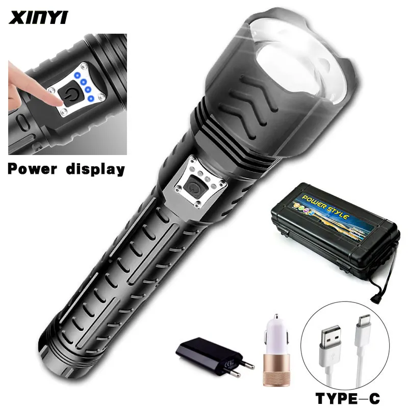 Powerful 4 Core XHP90 LED Flashlight With Battery Display Portable Torh outdoor waterproof light Suitable for camping, adventure