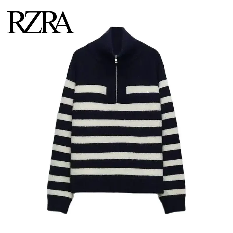 

RZRA2024 autumn and winter new women's loose blue and white striped half-zip knitted sweater trendy and versatile