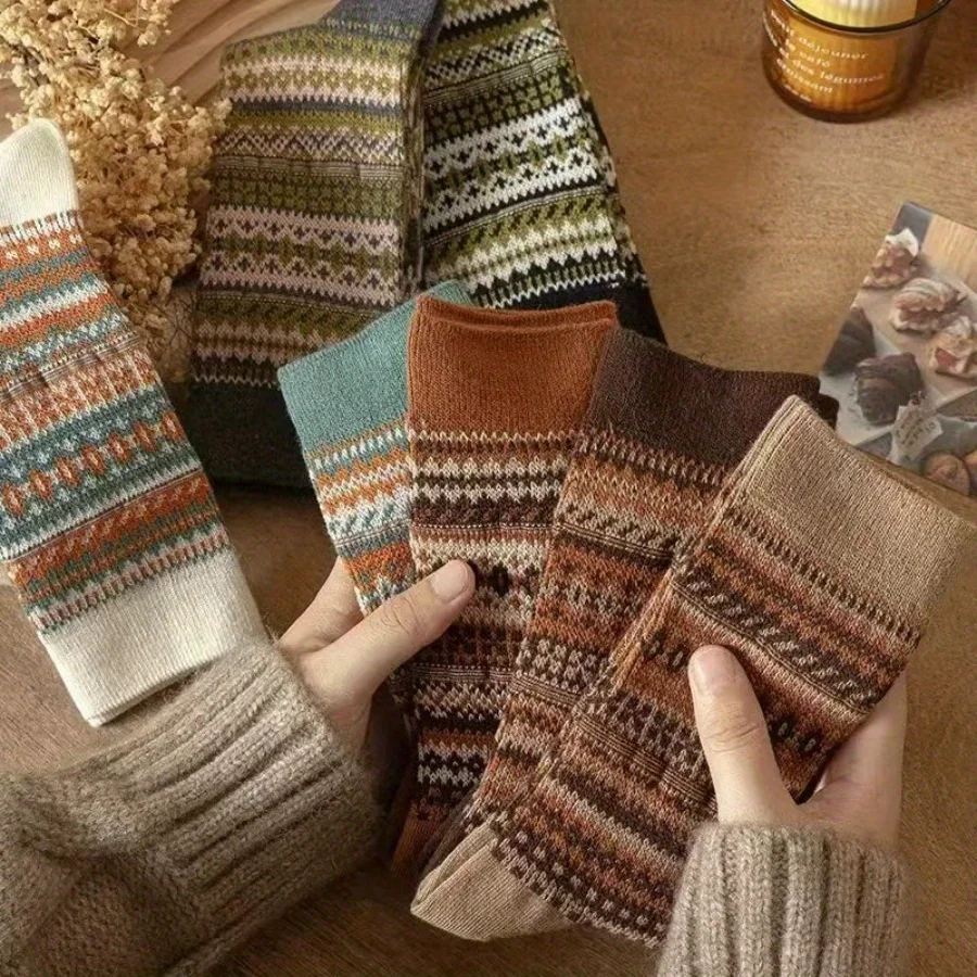 Vintage Fair Isle Crew Socks, Retro Ethnic Pattern Cotton Socks, Warm Winter Casual Slouch Socks for Women