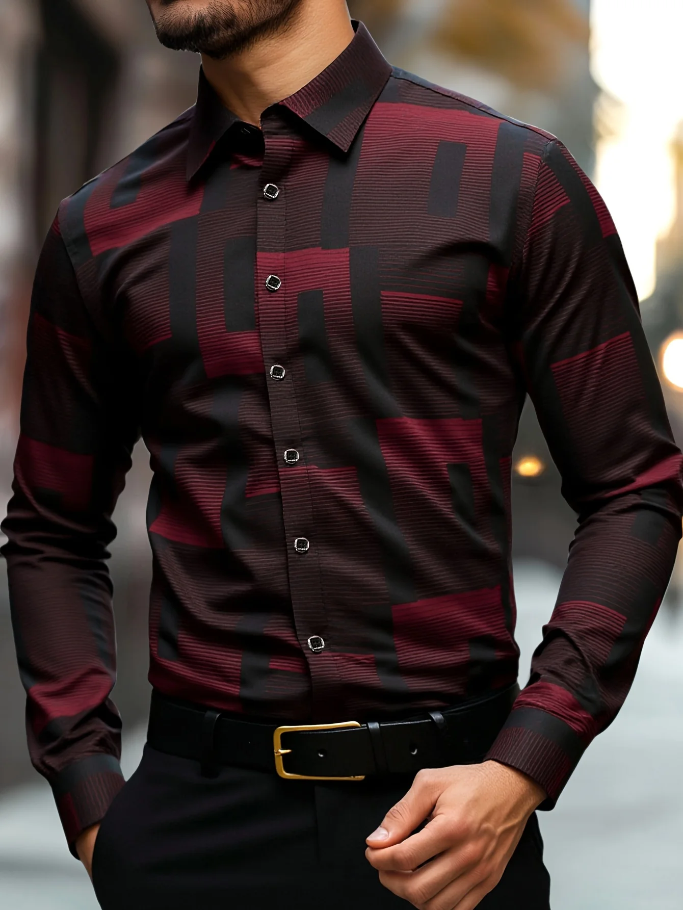 

Men's Slim Fit Geometric Print Shirt Machine Washable, Classic Collar Button-Up Front, All-Season Versatile Office Casual Wear