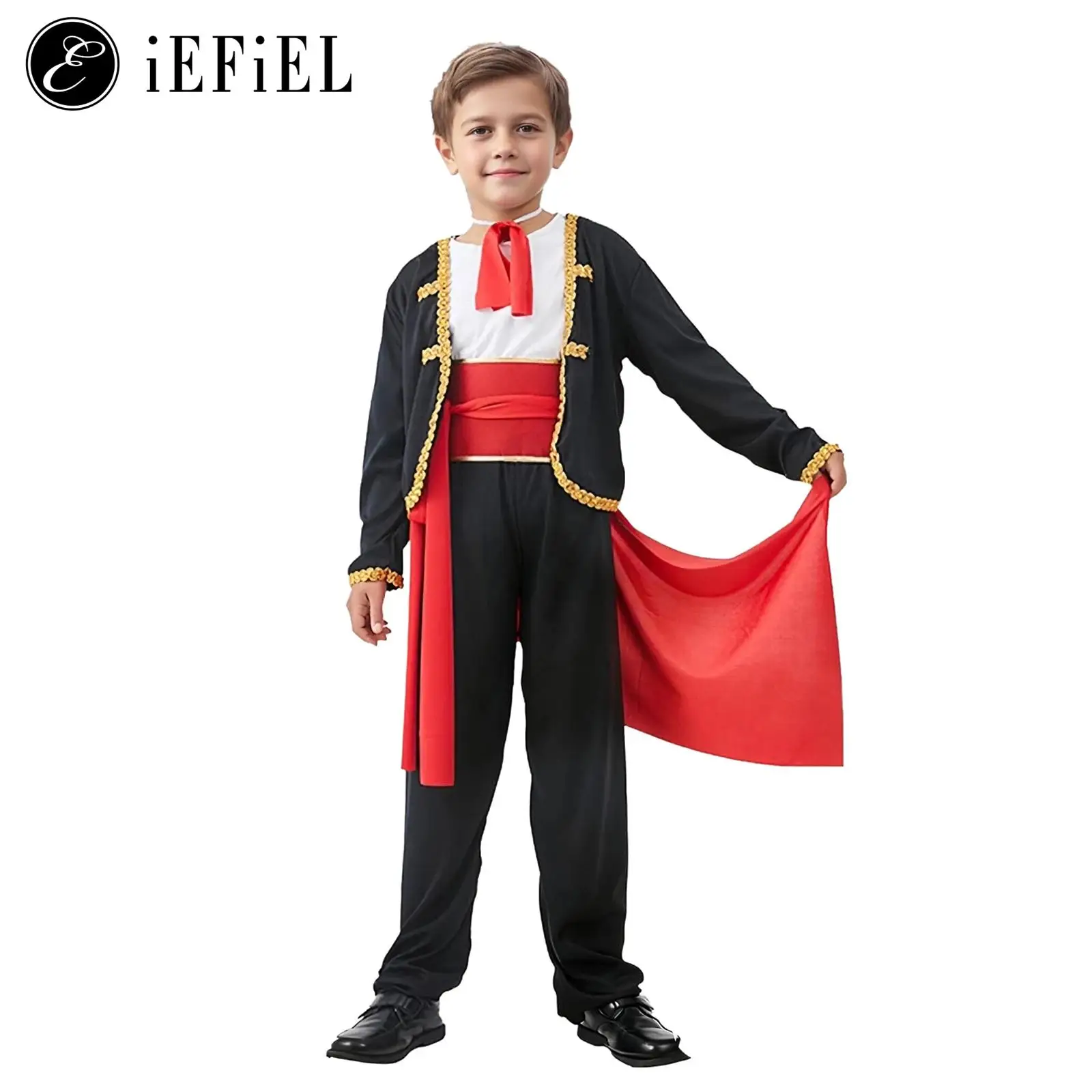 

Boys Spanish Matador Cosplay Costume Halloween Bull Fighting Outfits with Top Neckwear Waistbelt Pants Red Cloth Fancy Dress Up