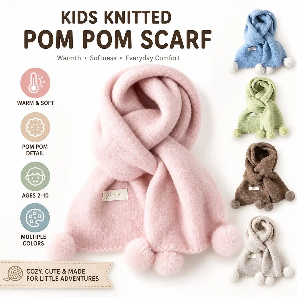 Gifts Knitted Pom Pom Scarf Solid Pom Pom Detail Winter Scarf Warm Children Knitted Scarf Boys and Girls