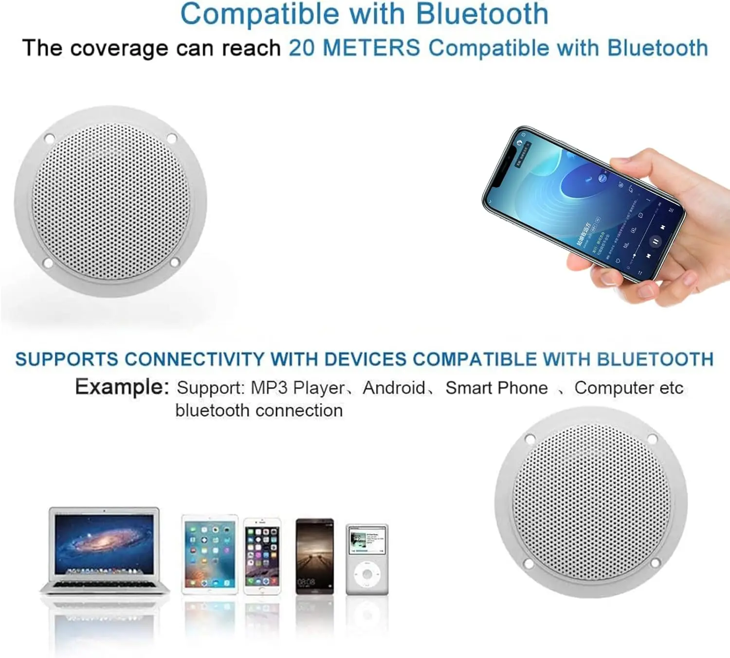 Herdio 4-Zoll-Bluetooth-Deckenlautsprecher, wasserabweisend, 160 W, Marine-Lautsprecher für Badezimmer, Küche, Zuhause, Outdoor, Wohnmobil, 2 Stück – Detail 1