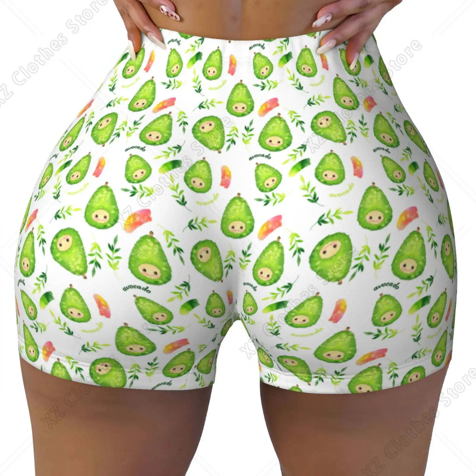 Kawaii Avocado Printed Workout Shorts for Women Seamless Scrunch Butt Lifting High Waisted Yoga Gym Booty Running Moisture