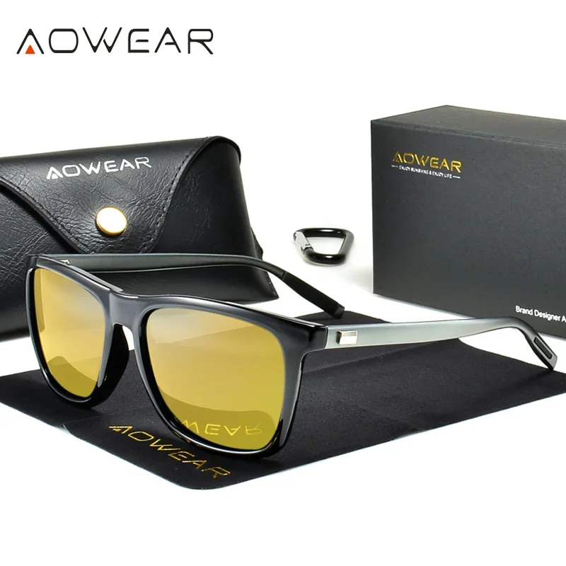 AOWEAR HD Polarized Anti Glare Night Vision Glasses for Driving Nighttime Driver Goggles Yellow Sunglasses for Men / Women Gafas