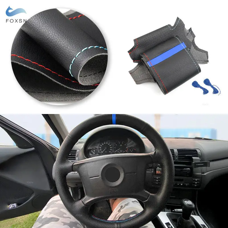 para-bmw-e36-e46-e39-x3-e83-x5-e53-2000-2006-nao-para-m-esporte-carro-interior-volante-capa-de-couro-guarnicao-vermelho-azul-linha-tira-azul