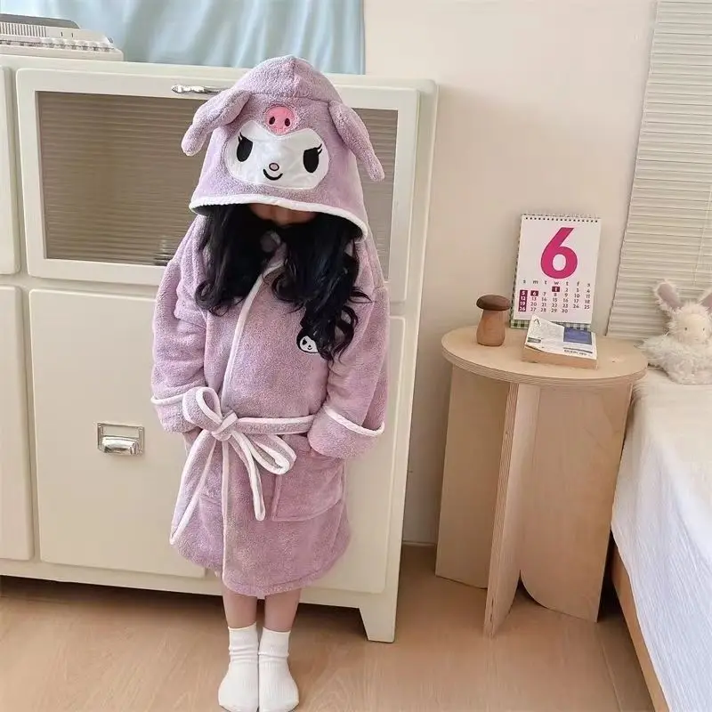 

Kuromi coral fleece children's bathrobe pajamas winter thickened absorbent and quick-drying hooded long Cinnamoroll nightgown