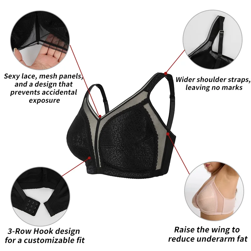 Plus Size Womens Lace Bra Sexy Tulle Underwear Wide Strap Shapewear Push Up Lingerie Breathable Wireless Bralette Ultra Thin Cup