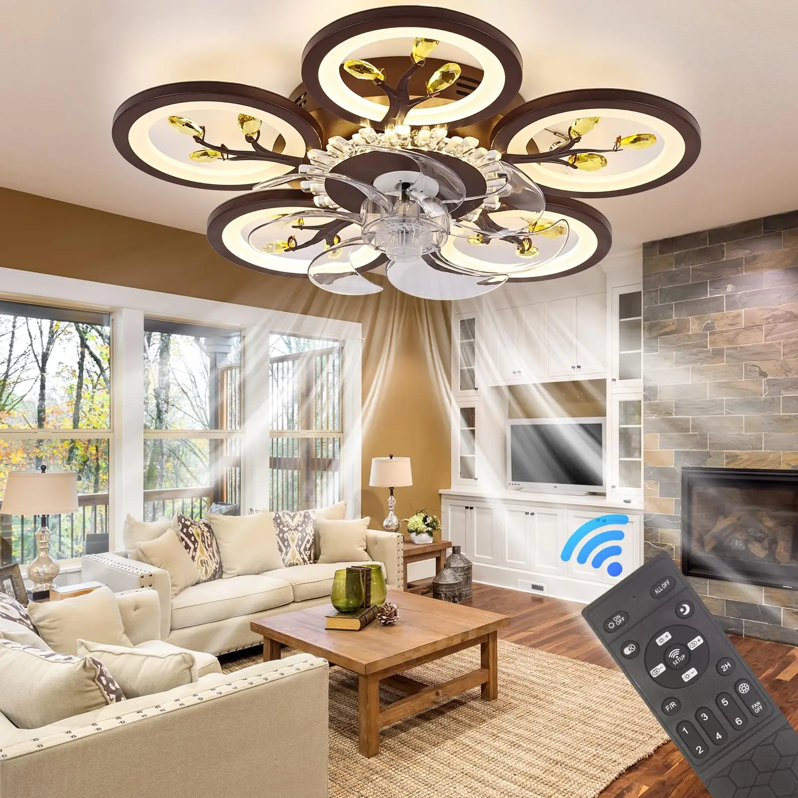 22.8 Inch Flower Ceiling Fan with Lights Remote Control, Silent 6 Speed 3 Color Dimmable Lamp with Invisible Blades(Brown)