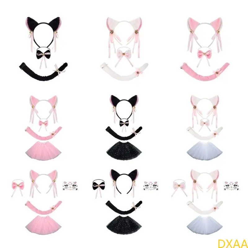 DXAA Kids Cats Kostüm Set Katzen Ohren Stirnbänder Schwanz Tutu Bowtie Halloween Party Requisiten