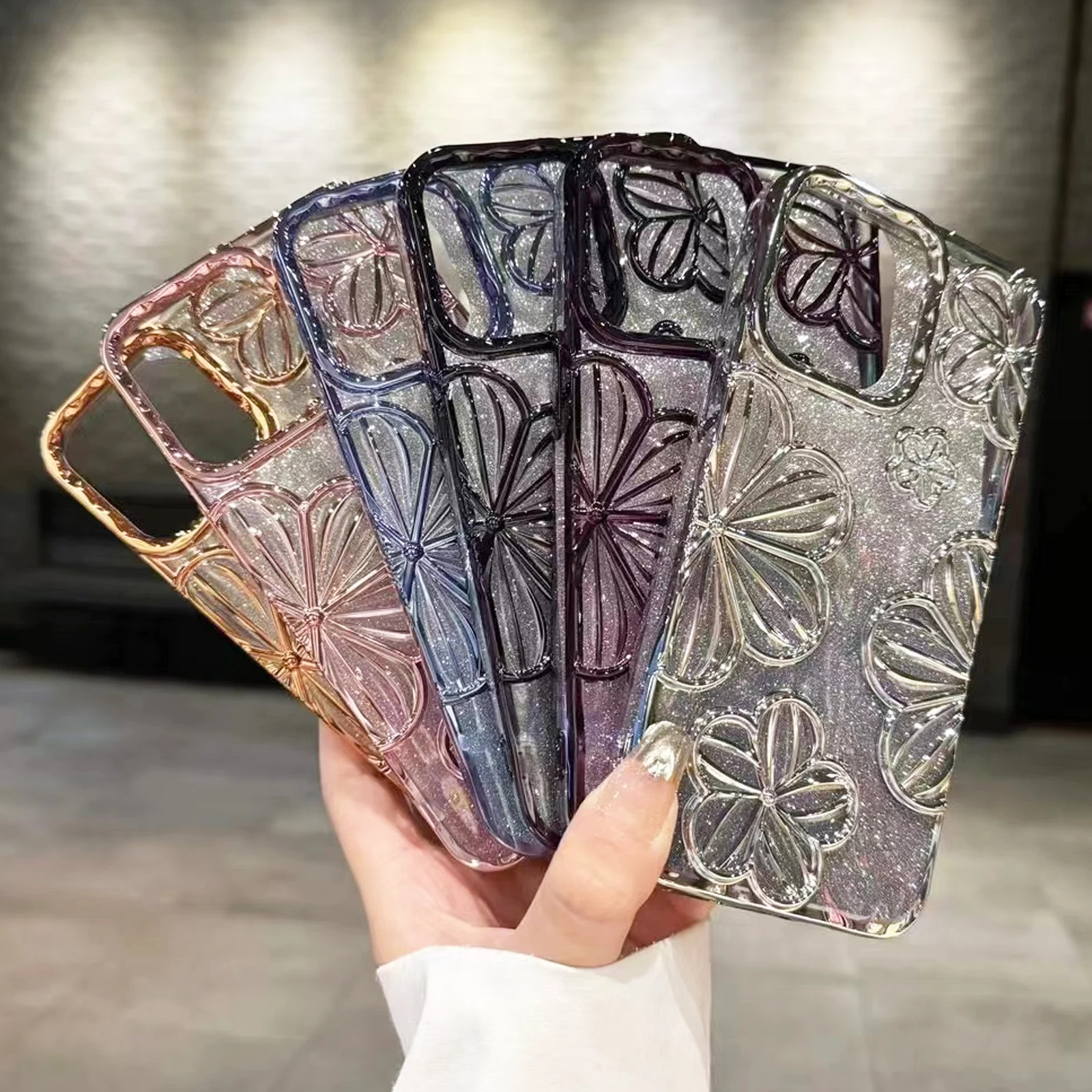 

Glitter Plating Retro Leaking 3D Oil Painting Flower Anti-fall Phone Case for iPhone 11 12 13 14 15 16 17 Pro Max Back Cover