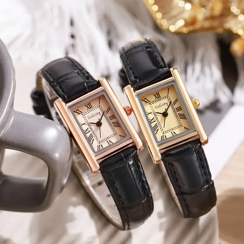 

Leather Rectangular Women Small Watch Silver Rectangular Roman Numerals Wristwatches PU Strap Black Women's Exquisite Watches