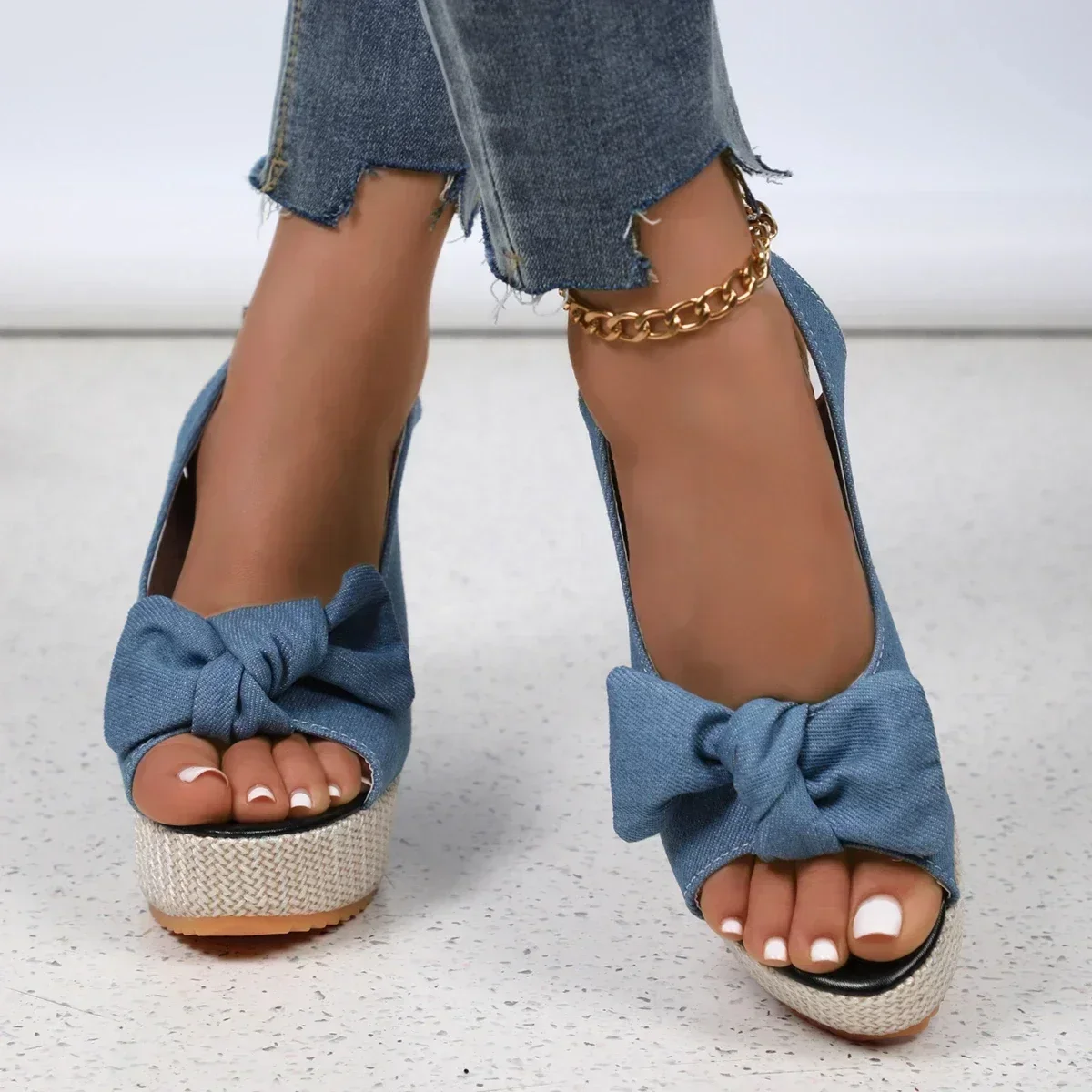 Women's Ankle Strap Peep Toe Platform Denim Wedge Sandals Zapatos De Mujer Wedges Sandal Thick Sole Sandalias High Heel Sandals