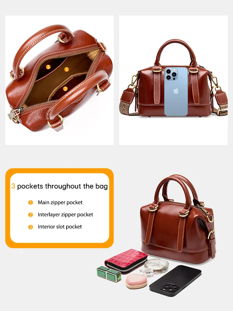 Zency Women\'s Handbag Cowhide Leather Boston Pillow Bag 2024 New Crossbody Bag Retro Commuter Shoulder Bags Large Ladies Purses