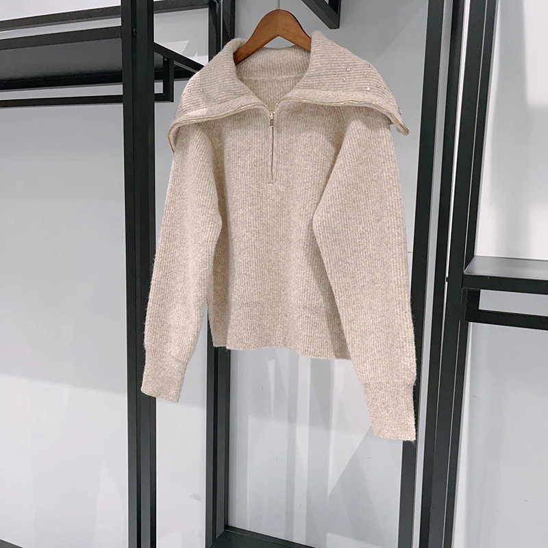 

Women Diamond Sailor Collar Knitted Sweater Half-Zipper Solid Color Autumn Winter Pullover Top