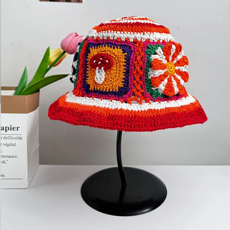 Handmade Crochet Bucket Hat Women Autumn Winter Flower Knit Beanies INS Korean Casual Beanies Panama Cap Fisherman Hat