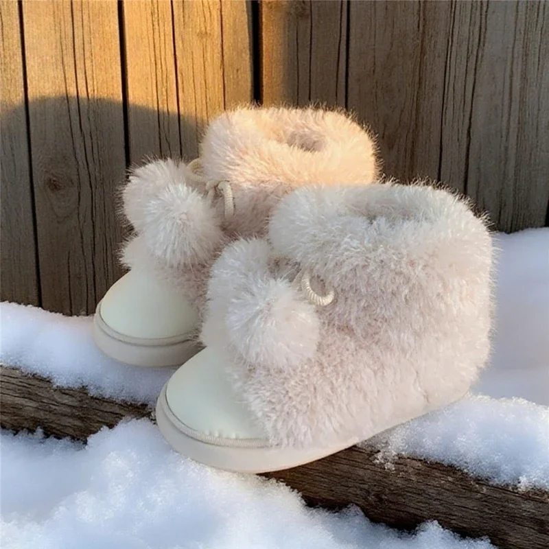 Women Cute Pom Pom Snow Boots Korean Style Plush Warm Non-slip Winter Shoes Furry Boots Cold Weather Outdoor 2026