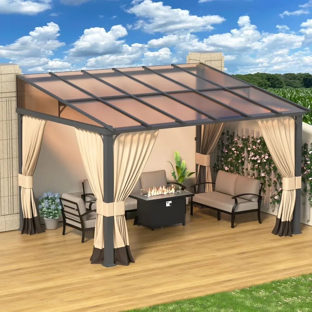 10' X 12' Gazebo, Hard Top Lean To Gazebos Wall Mount Heavy Hardtop Gazebo Outdoor Pergola with Curtains and Netting for Patio